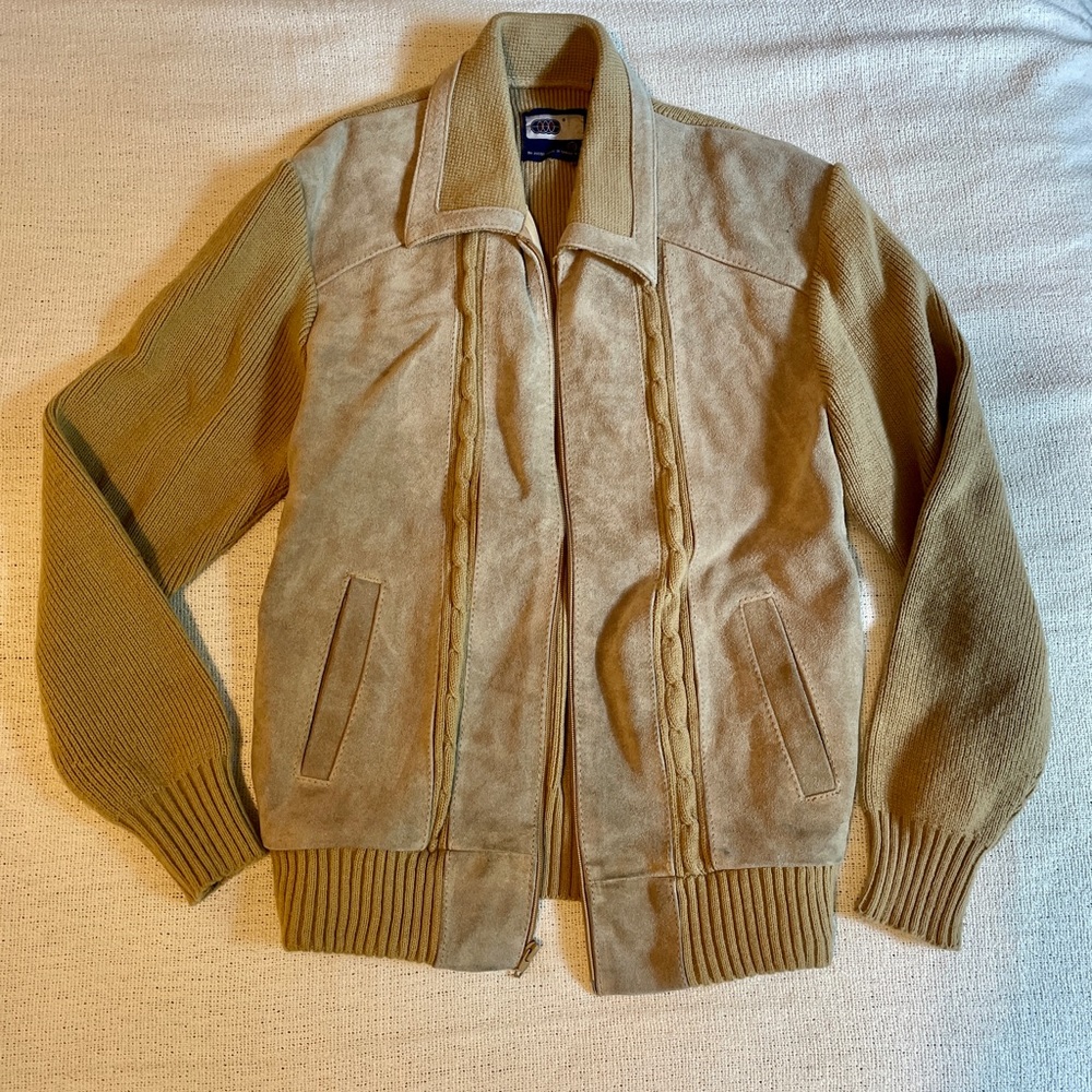 vintage VIP tan khaki suede bomber jacket knit sleeve and back
